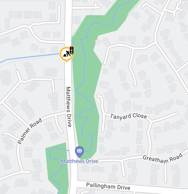 Matthews Drive near Lucas Close, Maidenbower, Crawley. Works to refurbish the existing puffin crossing with greener and more efficient crossing to start from 16/04/2024 to 03/05/2024 between 07:30–17:30. Traffic management in place. Further details on one.network