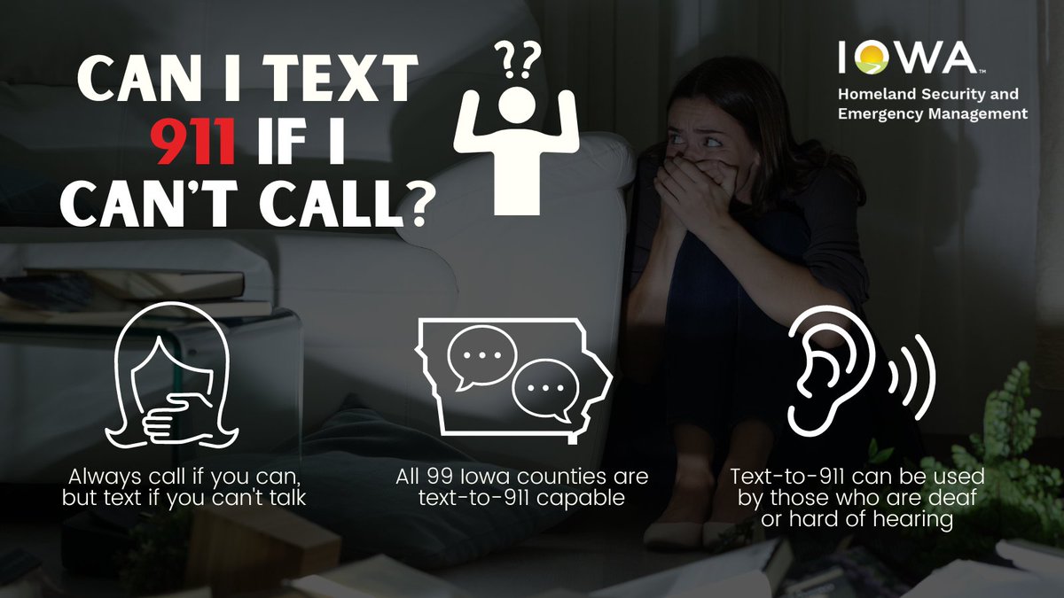 IowaHSEM's tweet photo. It's #911Education Month! ๐ฒ
Did you know that all 99 State of #Iowa counties are now #Textto911 capable? Itโs always preferred that you call 911, but if you are in a situation where you can't call, then text to 911 for help!
https://t.co/Q6T76q0STj https://t.co/WNMjc23z0O