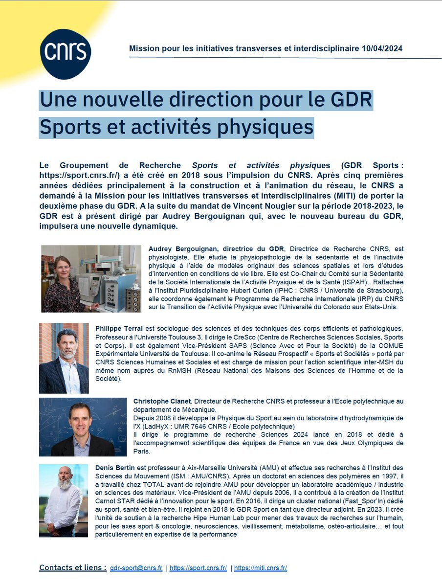 Une nouvelle direction pour le Groupement de Recherche Sports et activités physiques sport.cnrs.fr Créé en 2018 sous l’impulsion du CNRS, le GDR change de tête Après Vincent Nougier, c'est maintenant Audrey Bergouignan qui en assure la direction @CNRS @RechercheSport