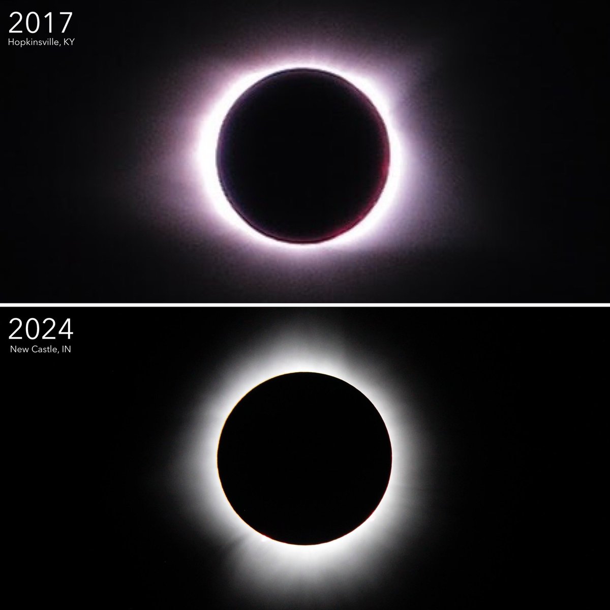 Comparing coronas!

Our image of 2017 pictured at top from Hopkinsville, KY. 2024 at bottom from New Castle, IN.
.
.
.
#eclipse #eclipse24 #eclipse2024 #totalsolareclipse #eclipseontap #getoutlookup #maketotalityareality #totality #celestialevent #spacephotography #astronomy
