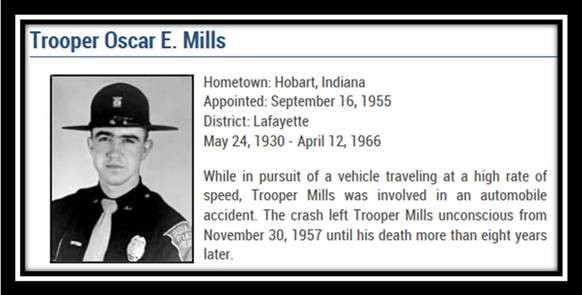 Today’s date in history, April 12, 1966, @IndStatePolice lost Tpr. Oscar Mills in the line-of-duty. #ISPremembers in.gov/isp/2336.htm