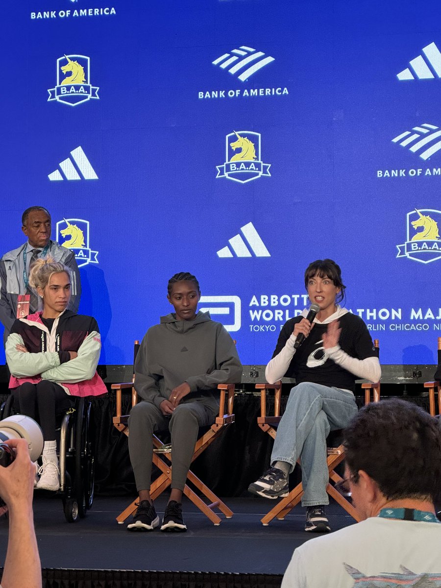 Boston Marathon media day. What does Emma Bates recall from last year’s race? “Leading the friggin’ Boston Marathon was pretty cool.”