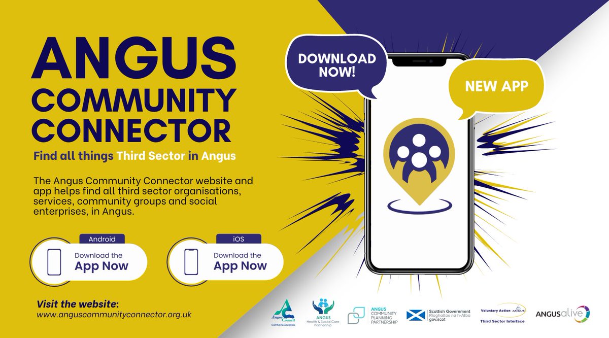 Download the Angus Community Connector app! 🤩 Download the app on both IOS and Android devices! Simply search for it in your app store. If you're interested in adding your third sector organisation to the Angus Community Connector, please visit: bit.ly/3x55rXO