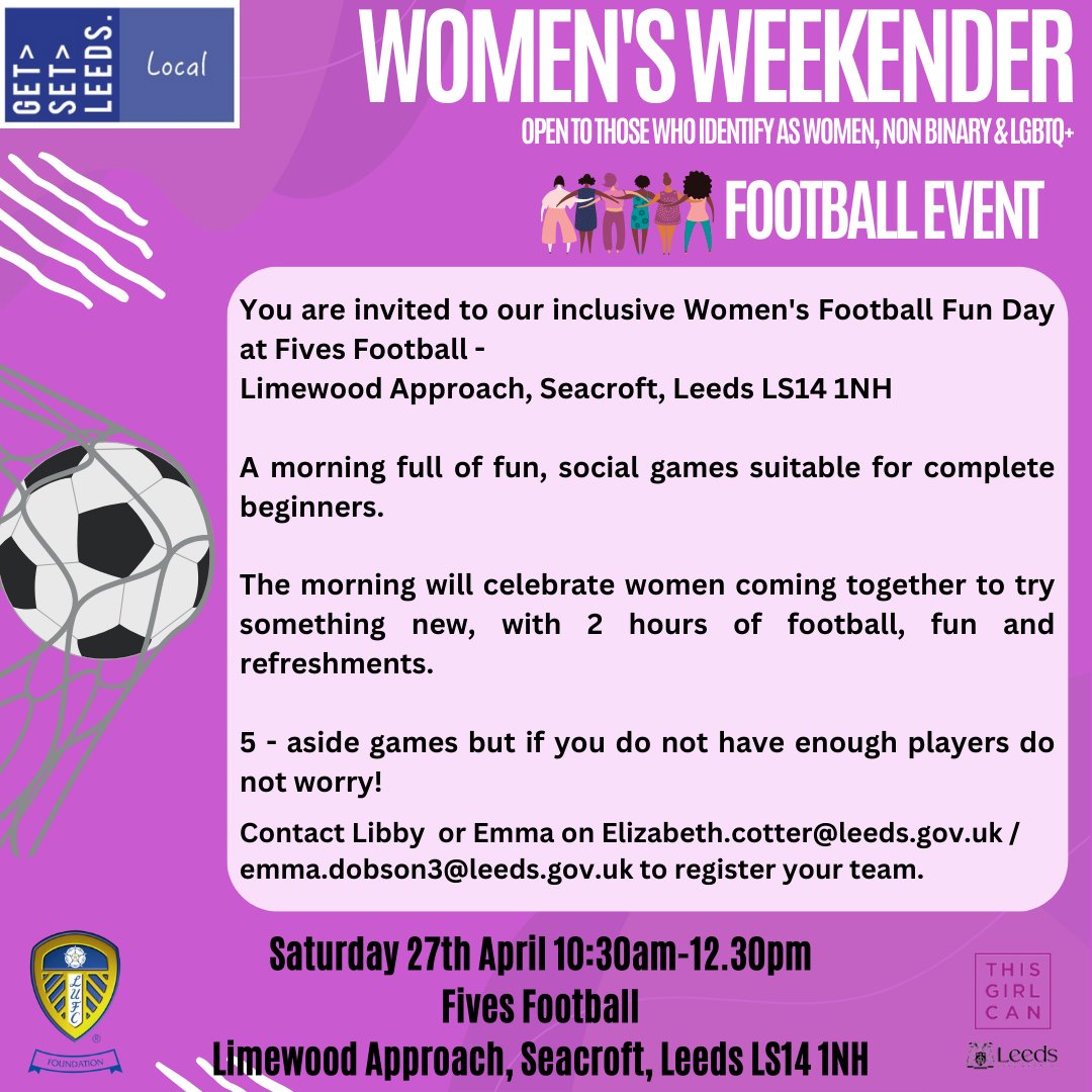 Join us on Saturday 27th April for our incredible football event. A fun, inclusive and social event filled with lots of football fun! Suitable for complete beginners or those who love to play! Snacks and refreshments will be provided along with PRIZES! @ActiveLeeds