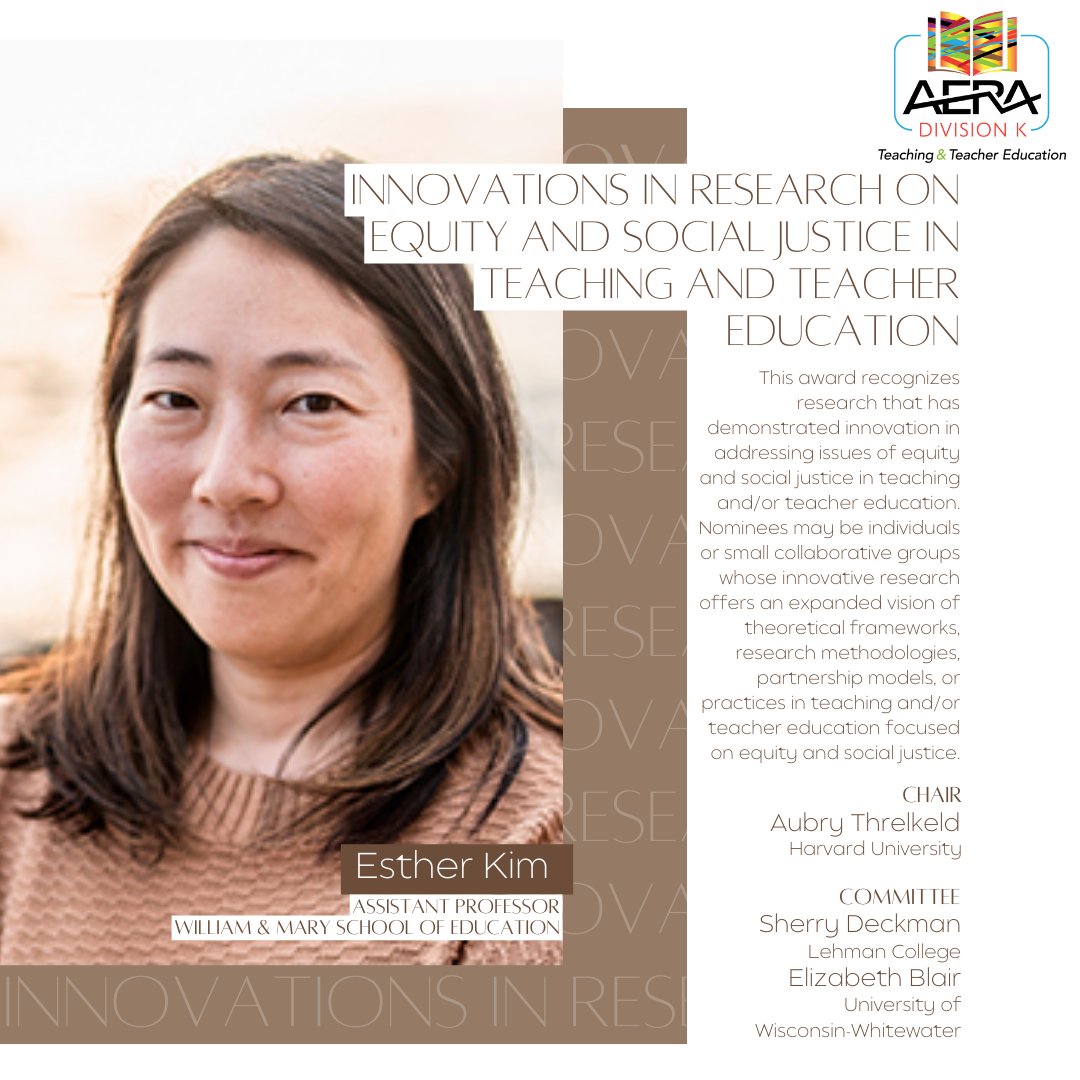 🎉Congratulations🎉 to Dr. Esther Kim on their Innovations in Research on Equity and Social Justice in Teaching and Teacher Education Award. Thank you to the chair @AubryThrelkeld and members @deckman_sherry and Elizabeth Blair.