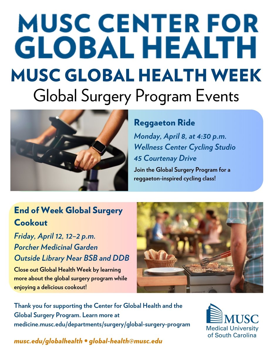 Learn more about the @MUSCGlobalSurg program! Attend their cookout from Noon - 2 p.m. in the Medicinal Garden on the Charleston campus.