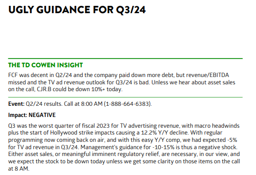 in case you missed the weak ad forecast from Corus.... it's nestled in below verbiage about the conference call (see TD's take)