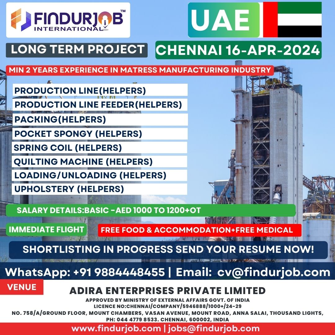We are hiring for UAE!

Apply Now Email: cv@findurjob.com
WhatsApp : +919884448455

#JobOpportunity #UAEJobs #Chennai #Helpers #Packing #Career #Interview #Gulfjobs #ApplyNow #Dubaijobs