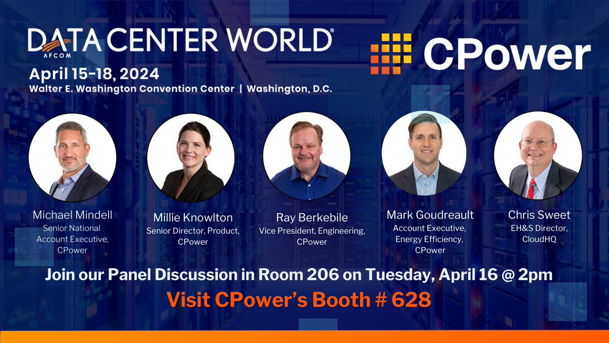 Are you headed to #DataCenterWorld in DC next week? On 4/16 at 2pm ET, CPower and CloudHQ will discuss unlocking the full potential of #datacenters through #VirtualPowerPlants: ow.ly/lbCN50RezEr Or mark you calendar to stop by CPower’s booth (# 628) to learn more!