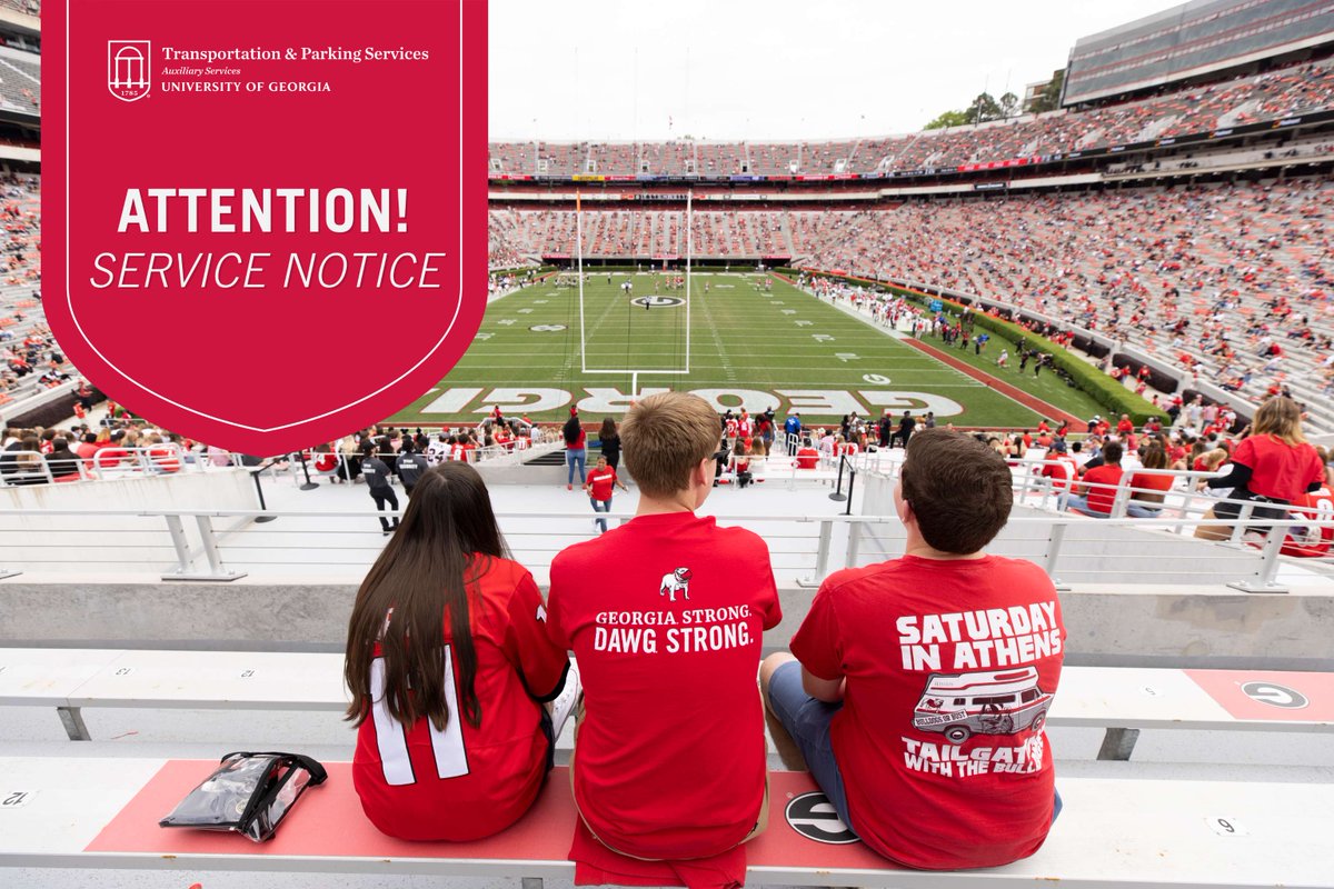 There will be no regular bus service on 4/13. Shuttles for G-Day will run from East Deck to Sanford Stadium starting at 9:30 AM. If you are a regular UGA permit holder, check your inbox for an email from Parking Services with G-Day parking information. GO DAWGS! ❤️🐾