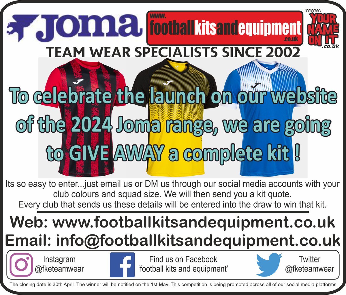 Our friends at @fketeamwear are running a competition for one lucky team to receive a brand new Joma football kit for the new season! Look at the poster here for further details and how to enter