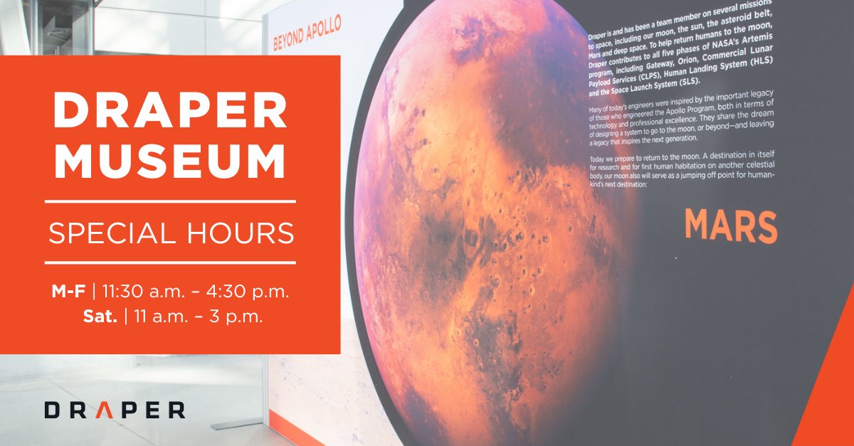 Next week is Massachusetts Space Week! We are excited to share that as a part of Space Week the @DraperLab museum will be open Mon-Fri 11:30-4:30 and Saturday 11-3. #innovation #spaceweek #innovationtrail #cambridge #draperlabs #kendallsquare #history