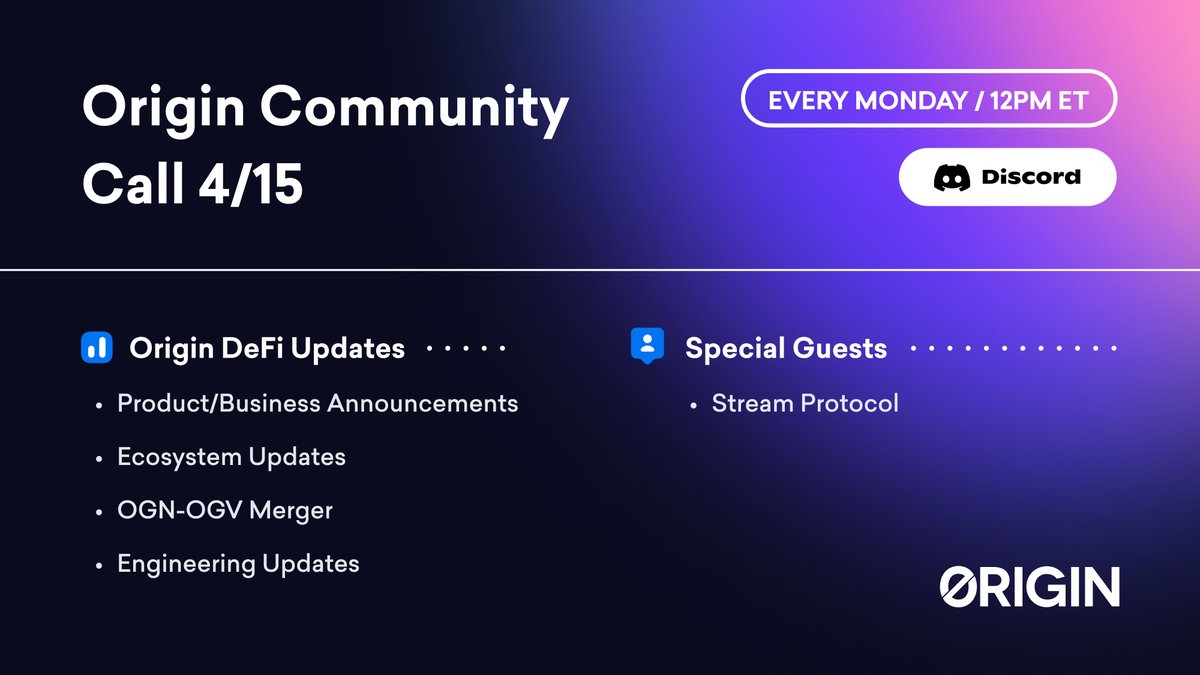 Join us on Monday for Origin's weekly Community Call! 🗓 Get updates on the OGN-OGV Merger proposal, ecosystem integrations, and hear from our guest @StreamDefi 🎧 RSVP now: discord.gg/wn2r5VDc