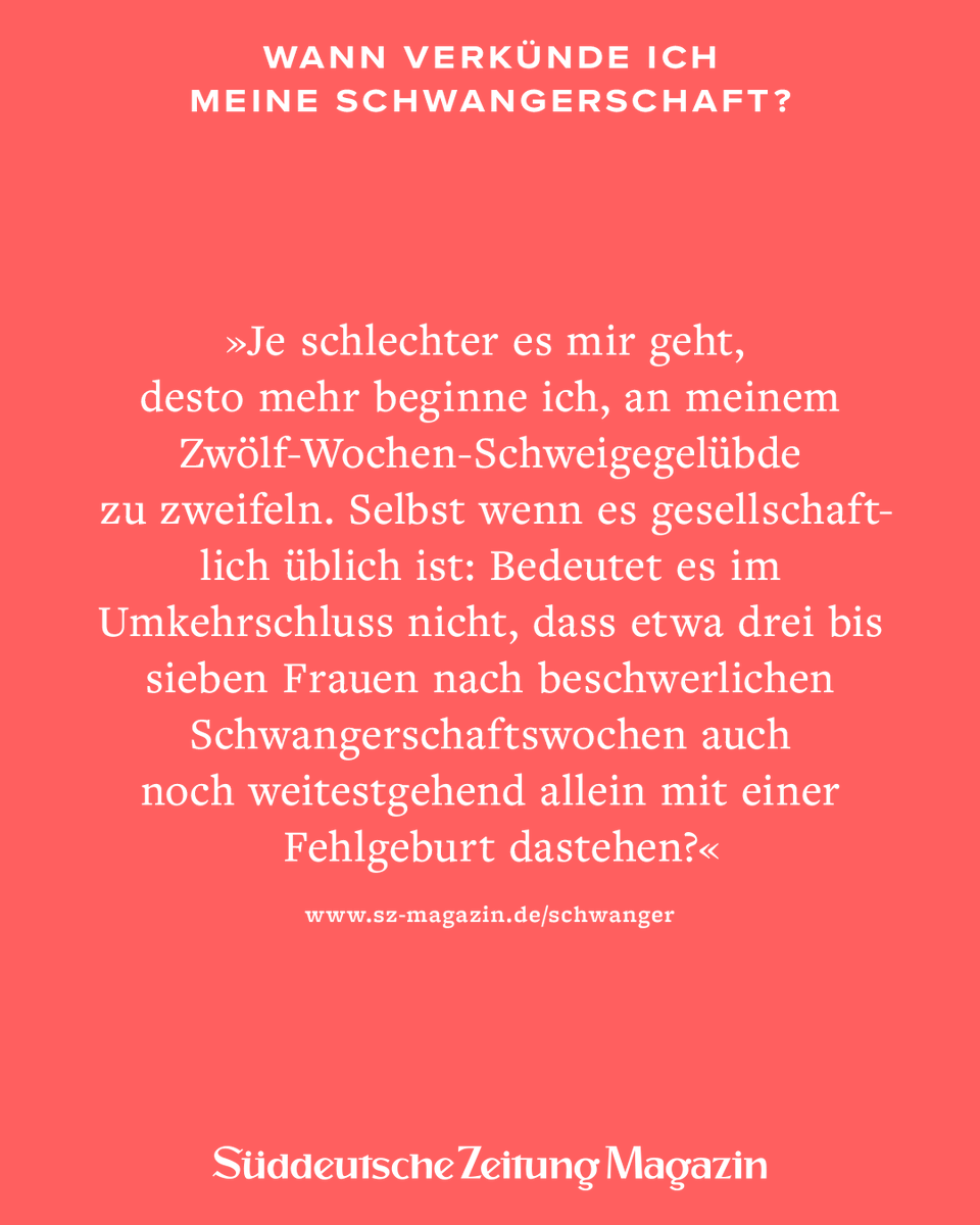 Wer sich freut, schwanger zu sein, möchte es oft der ganzen Welt mitteilen, aber man soll bis zur 12. Woche warten, heißt es. Unsere Autorin zweifelt an dieser Regel – gerade weil sie sich des Risikos einer Fehlgeburt bewusst ist (SZ Plus): sz-magazin.sueddeutsche.de/familie/schwan…