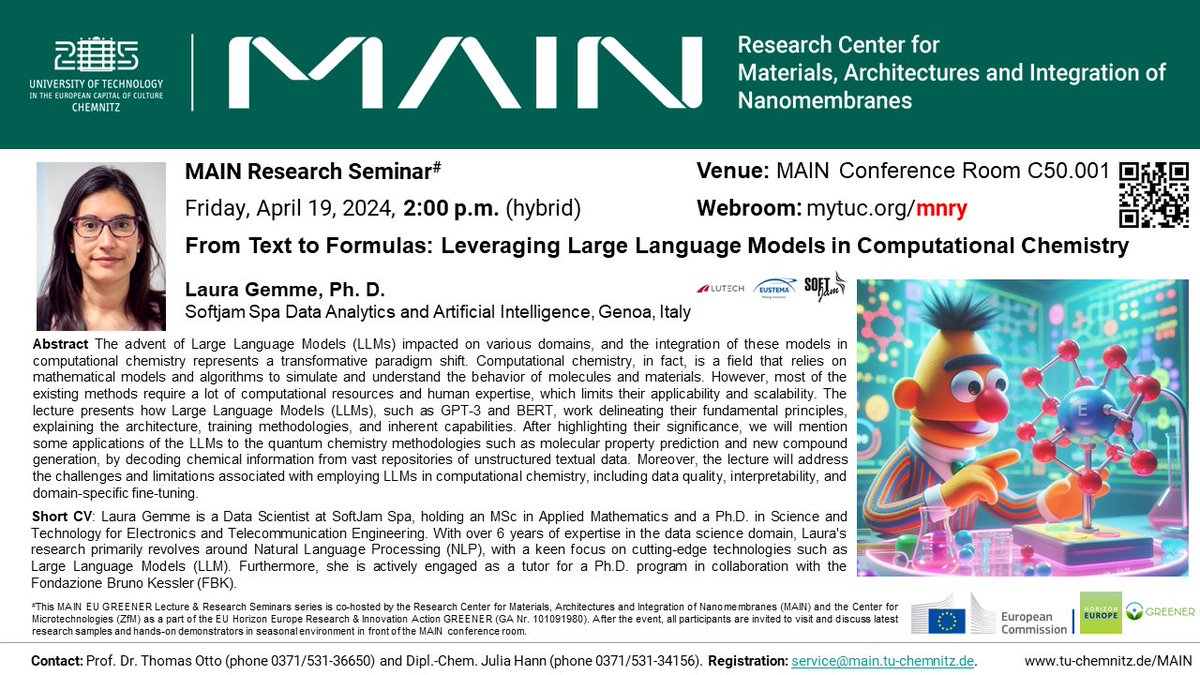 🇪🇺Don't miss the seminar organized by Research Center MAIN! 🌟

🗓️ April 19, 2pm
📍 Chemnitz
💻 Registration: tu-chemnitz.de/MAIN/veranstal…

Dr. Laura Gemme from @softjamIT presents 'From Text to Formulas: Leveraging Large Language Models' in Computational Chemistry.

#EUHorizon