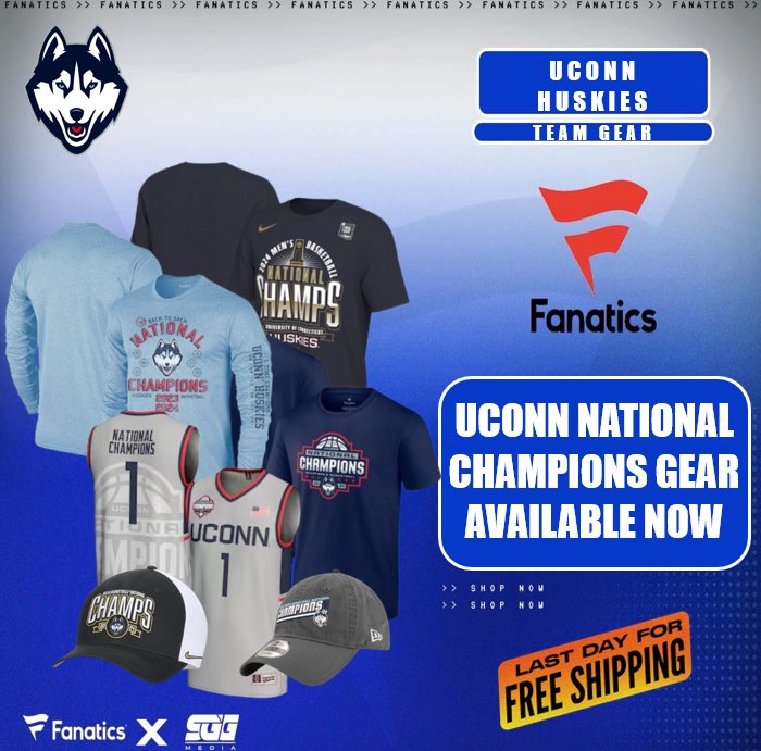 CONNECTICUT HUSKIES 2024 NCAA CHAMPIONS GEAR AVAILABLE NOW, @Fanatics🏆 UCONN FANS‼️Back-to back! Get your 2024 UCONN Huskies National Champions gear now with FREE SHIPPING using this PROMO LINK: fanatics.93n6tx.net/UCONNFF📈 HURRY! SUPPLIES GOING FAST! 🤝