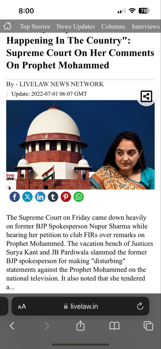 @AmitLeliSlayer Is this SC judge any different from the two lordship’s who held Nupur Sharma responsible vide their “oral “ remarks.? Live Law was very dutiful in covering these oral remarks;