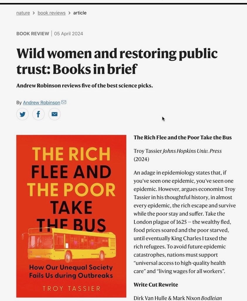 Appreciate @Nature highlighting The Rich Flee and the Poor Take the Bus in Books in Brief: nature.com/articles/d4158… More book info and ordering options here: troytassier.com @JHUPress @anthonyjblake @RobinWColeman @kkperezbooks