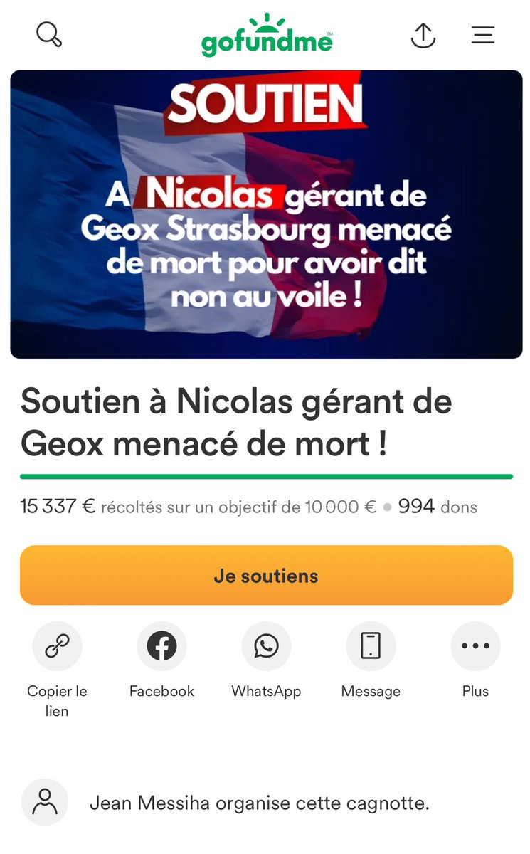 La cagnotte est très bien partie ! 

Plus de 15000€ récoltés✅

Bravo à tout les patriotes qui soutiennent ce gérant de la boutique #Geox à #Strasbourg 

Merci à @JeanMessiha pour cette #CagnotteDeLaResistance 🇫🇷