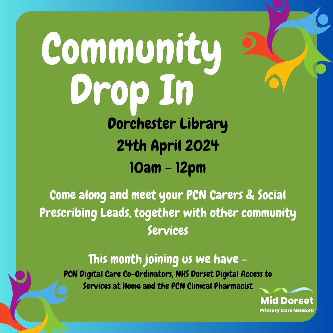 Join us at Dorchester Library on tomorrow, 10am-12pm for our Community Drop-in session hosted by Puddletown Surgery and Mid Dorset Primary Care Network! Meet our team, get wellbeing advice, and enjoy free refreshments. See you there! #CommunityHealth #Dorchester #Wellbeing