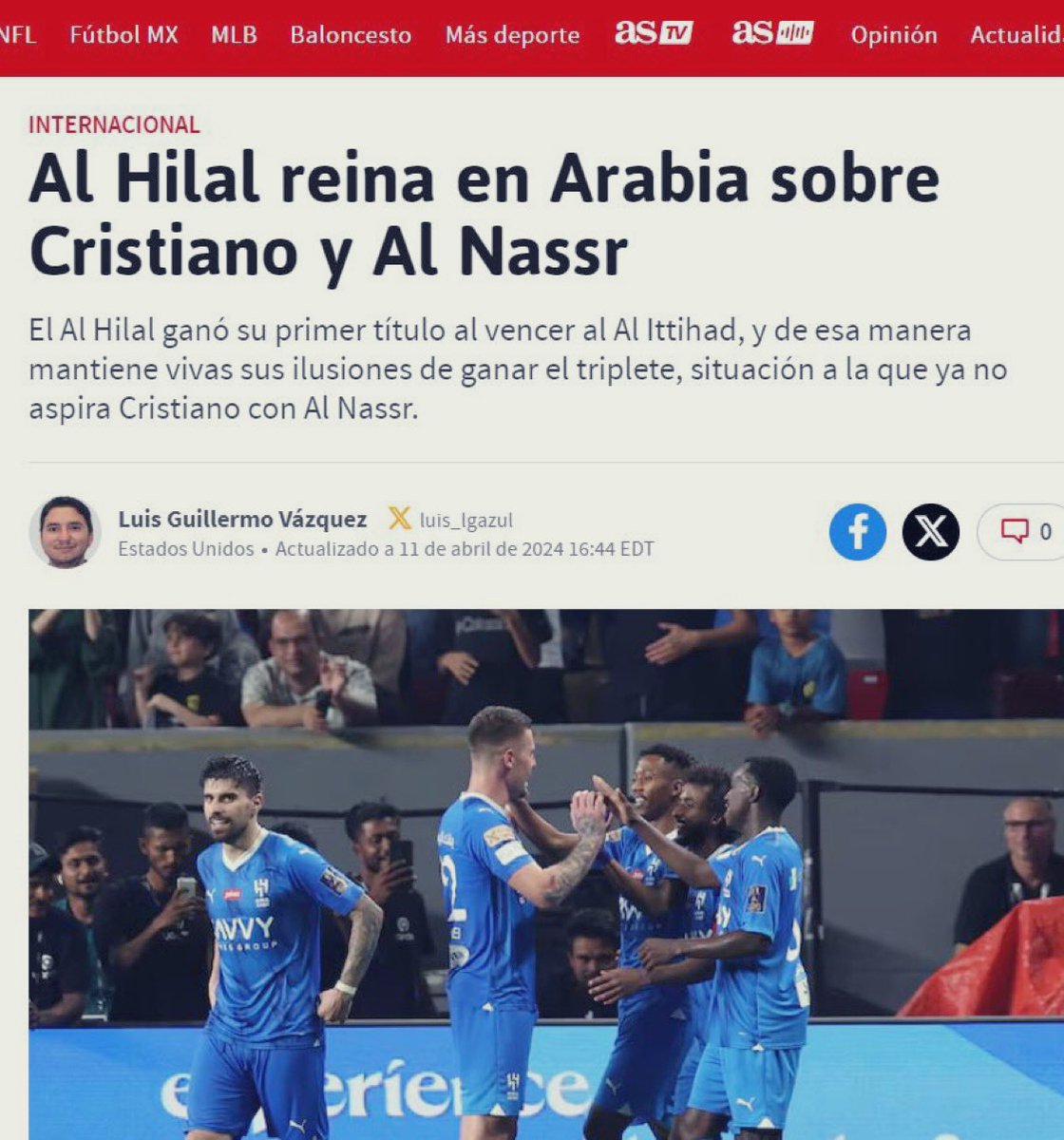 🚨🚨صحيفة أس الإسبانية : #الهلال يحكم الجزيرة العربيه 'ليس كريستيانو وفريقه .. بل #الهلال هو من يتزعم ويتسيّد كرة القدم #السعودية، النادي الأقوى في الوطن العربي وقارة اسيا '. #الهلال_الاتحاد #الاتحاد_الهلال #السوبر_السعودي