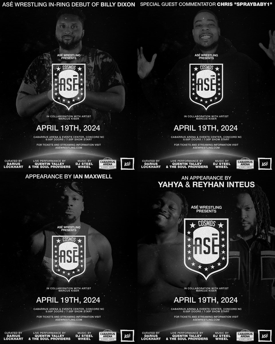 WE ARE ONE WEEK AWAY FROM ASÉ: COSMOS !!! APRIL 19, 2024, CABARRUS ARENA & EVENTS CENTER Full Card Below! LIVE STREAM LINK ON SALE MONDAY TICKETS ON SALE NOW: ASEWRESTLING.COM