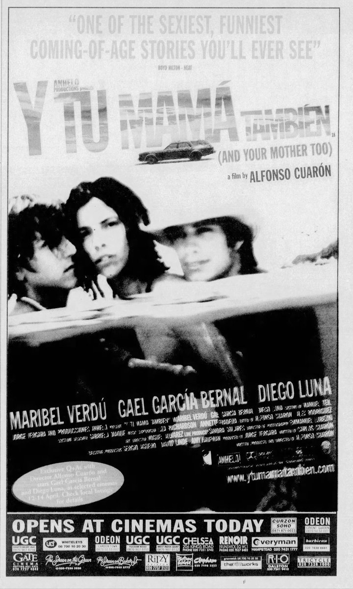 On this day, April 12th, 2002, Alfonso Cuarón's Y TU MAMÁ TAMBIÉN, starring Gael García Bernal, opened in London..