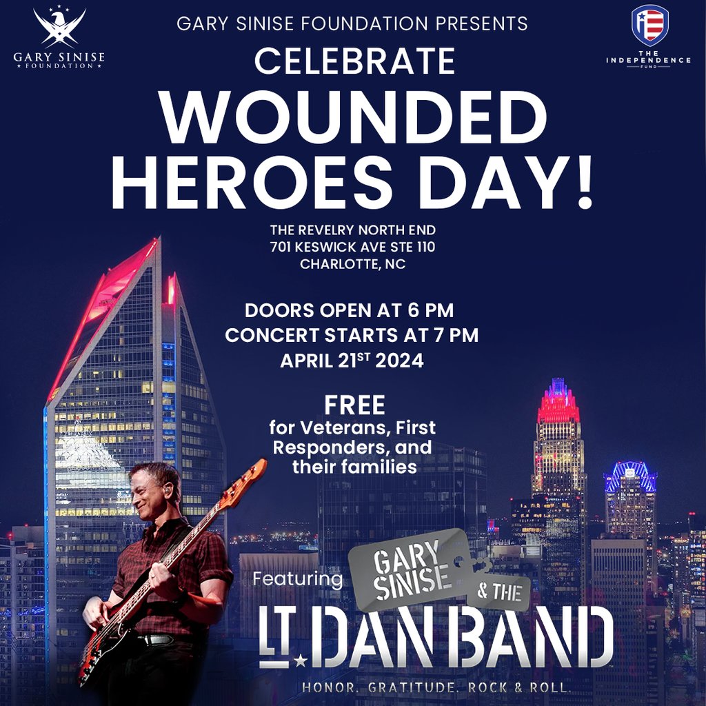 Don’t miss out on joining @IndyFund at a concert celebrating Wounded Heroes Day in Charlotte, NC on April 21, featuring @GarySinise and the Lt. Dan Band! Tickets are FREE for Veterans, First Responders, and their families! Reserve your tickets today at: give.IndependenceFund.org/WHD24.…