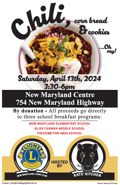 Awesome meal for a great cause. New Maryland Lion's Club Chili Bake-off in support of school bfast programs at @FHSkats @BCMSEagles and @nmes_community. Saturday (April 13) from 3:30-6:00 pm at @VLGNewMaryland Centre. @TheFwordNB @jeffcarr4nms @timrs2001 @valentino_nora