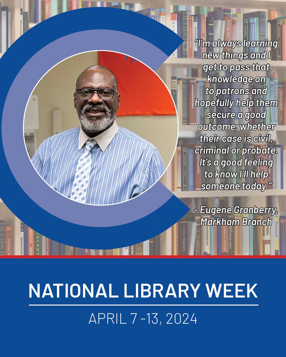 In celebration of #NationalLibraryWeek, we’re pleased to recognize staff from various branches of the Cook County #LawLibrary. Eugene Granberry started working at the Law Library in 1991 and has been at the Markham branch for more than 10 years. cookgov.me/LawLibrary