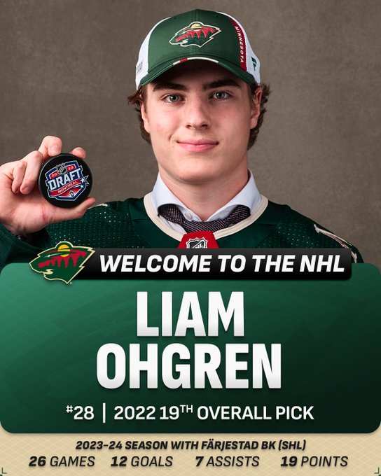 Top: Liam Ohgren smiles while in a Wild jersey and hat while holding a 2022 NHL Draft puck.
﻿
Middle: White letters on a black background reading, “Welcome to the NHL”.
﻿
Bottom: White and black text on green and beige backgrounds reading, “Liam Ohgren. #28. 2022 19th overall pick. 2023-24 season with Färjestad BK (SHL) 26 games, 12 goals, 7 assists, 19 points”.