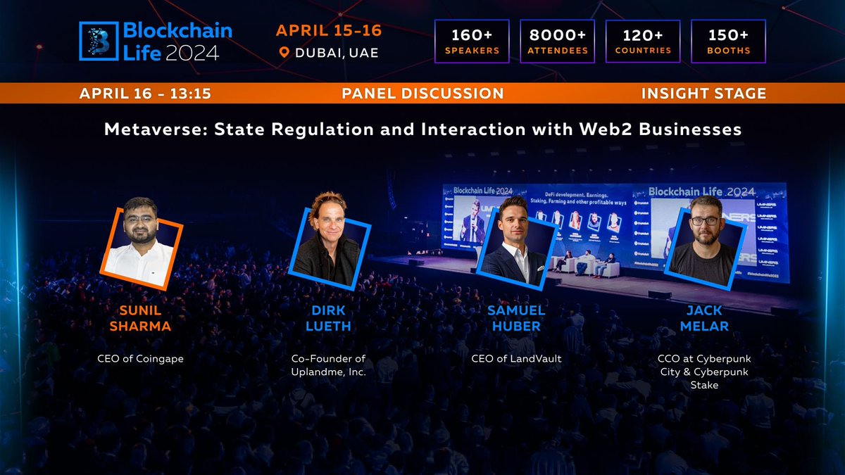 Make sure you don't miss this one! Our Co-founder @DirkLueth joins a panel with @sharmasunil8114 @SamHuber & @jackmelar36 over at @Blockchain_2024! They'll discuss State Regulation and Web2 interaction. It's bound to be an interesting one, so make sure you catch it!