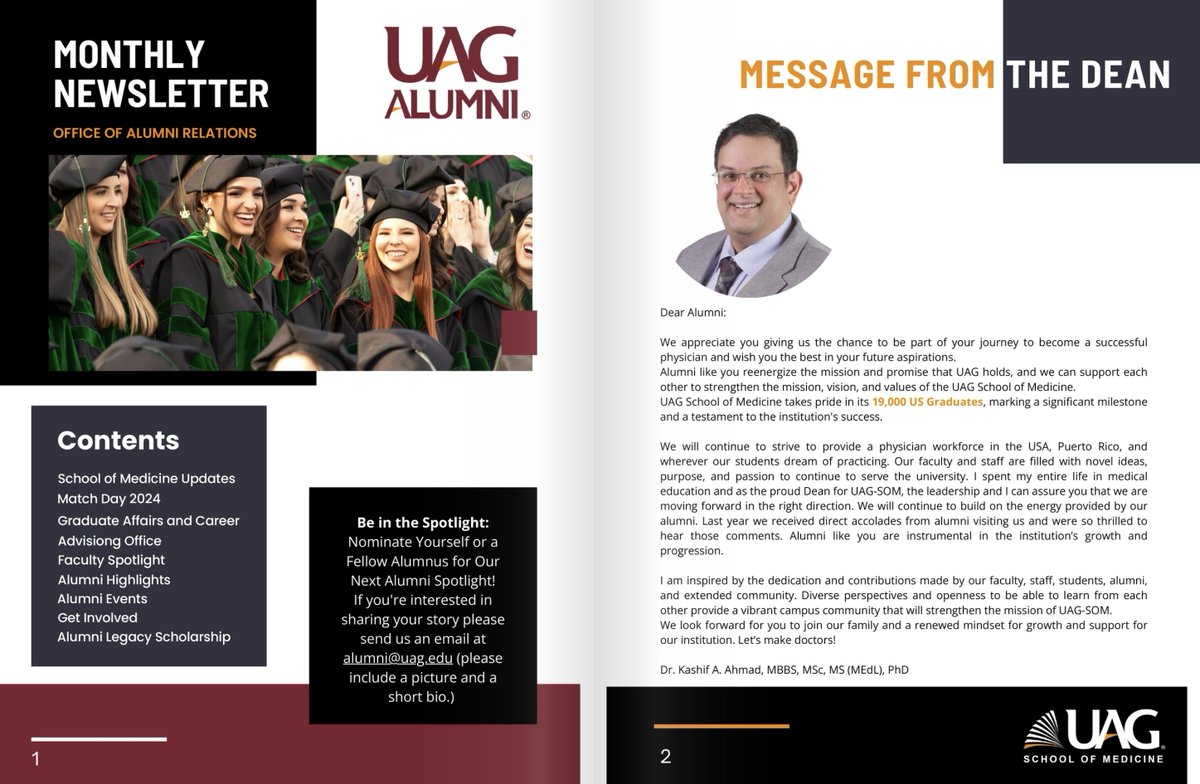 Our alumni newsletter for 2024 is out! Stay connected with the UAG community 🌎 #uagsom #uagalumni #alumniupdates Read it at bit.ly/newsletter0424