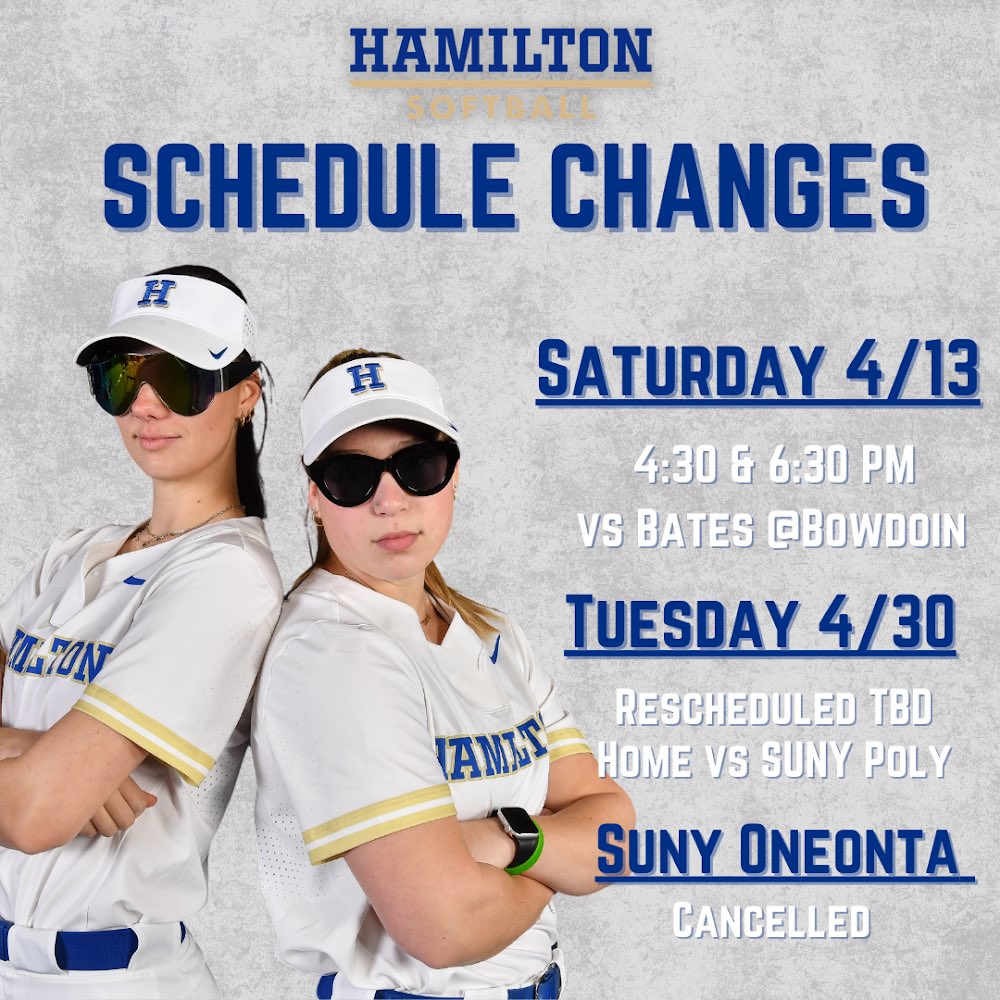 📆‼️ SCHEDULE CHANGES ‼️📆 Our games against Bates on 4/13 will now be played at Bowdoin at 4:30 & 6:30pm! Our SUNY Poly doubleheader will be rescheduled to a later date to be determined. See you on the field for 4️⃣ this weekend 🤩 #OwnIt #PlayGreen #LetsGoBlue #pivot