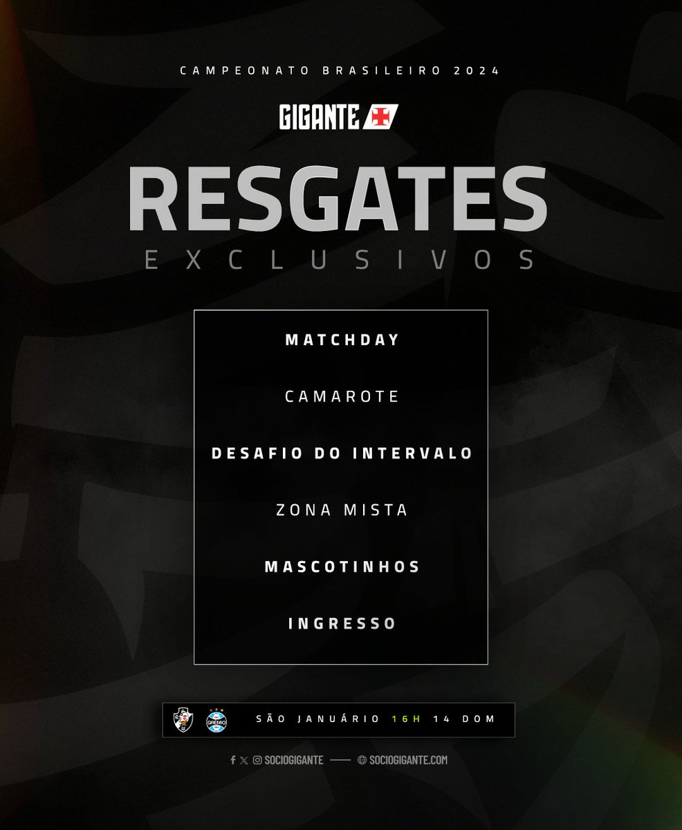 Resgates exclusivos para Vasco x Grêmio 😃 ⏰ Hoje, às 16h. ➡️ sociogigante.com ⚠️ O resgate para Camarote será exclusivo para sócios do plano Dinamite Eterno, em homenagem ao fim de semana do aniversário do #MaiorDeTodos 🧨 #SejaUmGigante #VascoDaGama