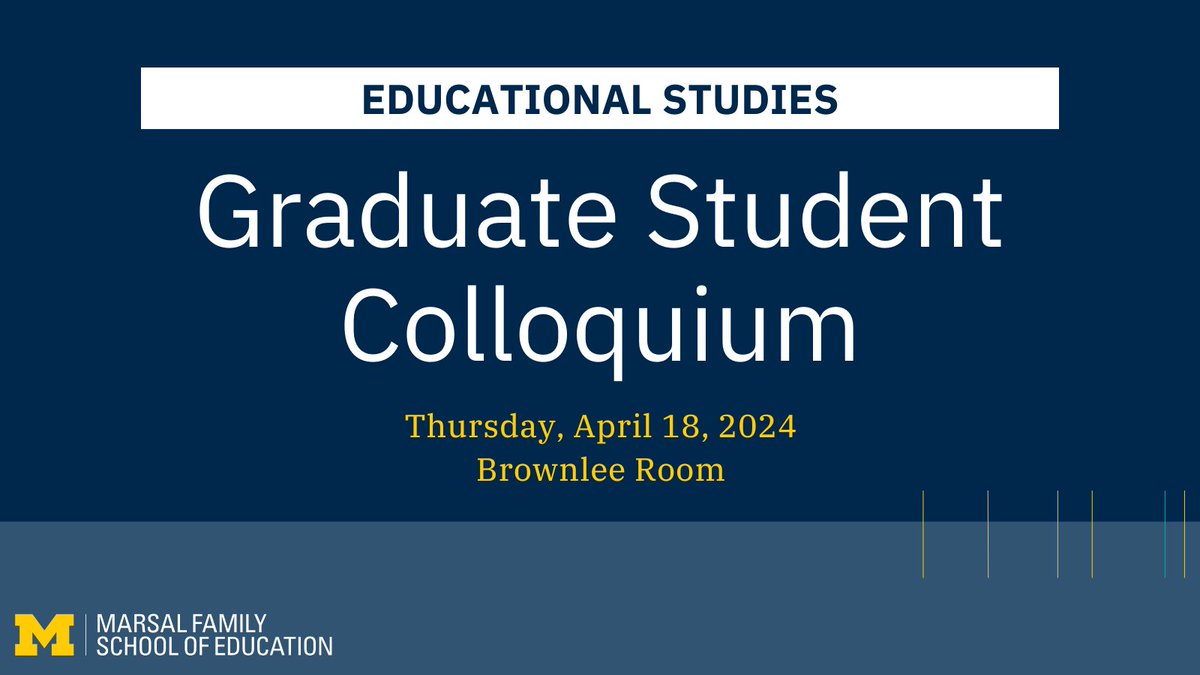 Join us on Thursday, April 18, from 12-1 p.m. in the Brownlee Room for the Educational Studies Graduate Student Colloquium where students will share ideas and research in an informal setting in order to receive feedback from attendees. myumi.ch/8rq23