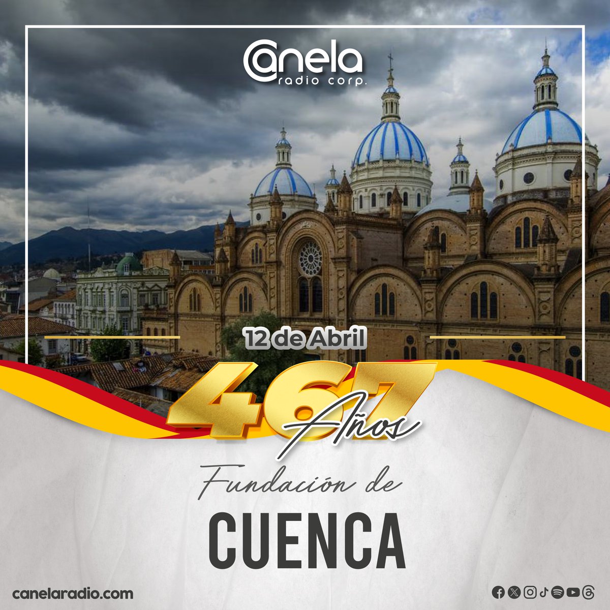 Hoy Cuenca, la Atenas del Ecuador, celebra 467 años de su Fundación ❤️💛. Es una ciudad bella, encantadora, llena de cultura y tradiciones, siempre amigable con todos los que la visitan 🏙️. Nos encanta ser parte del patrimonio cultural de la humanidad a través de 107.3 FM 📻.…