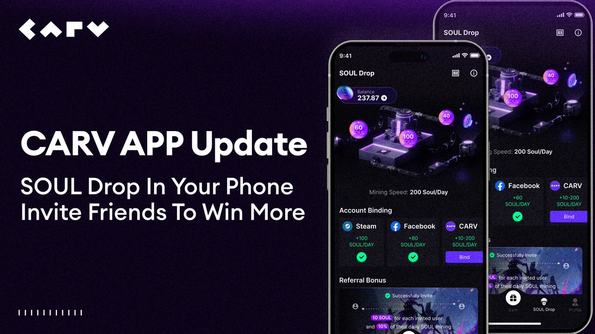 Double your SOUL earnings with the all-new CARV App⚡️ CARV App now doubles your SOUL earnings potential with just a few taps - it operates INDEPENDENTLY of the website. Claim your daily SOUL Drops directly from your phone Now. Invite friends for more SOUL bonuses! 🔸Google