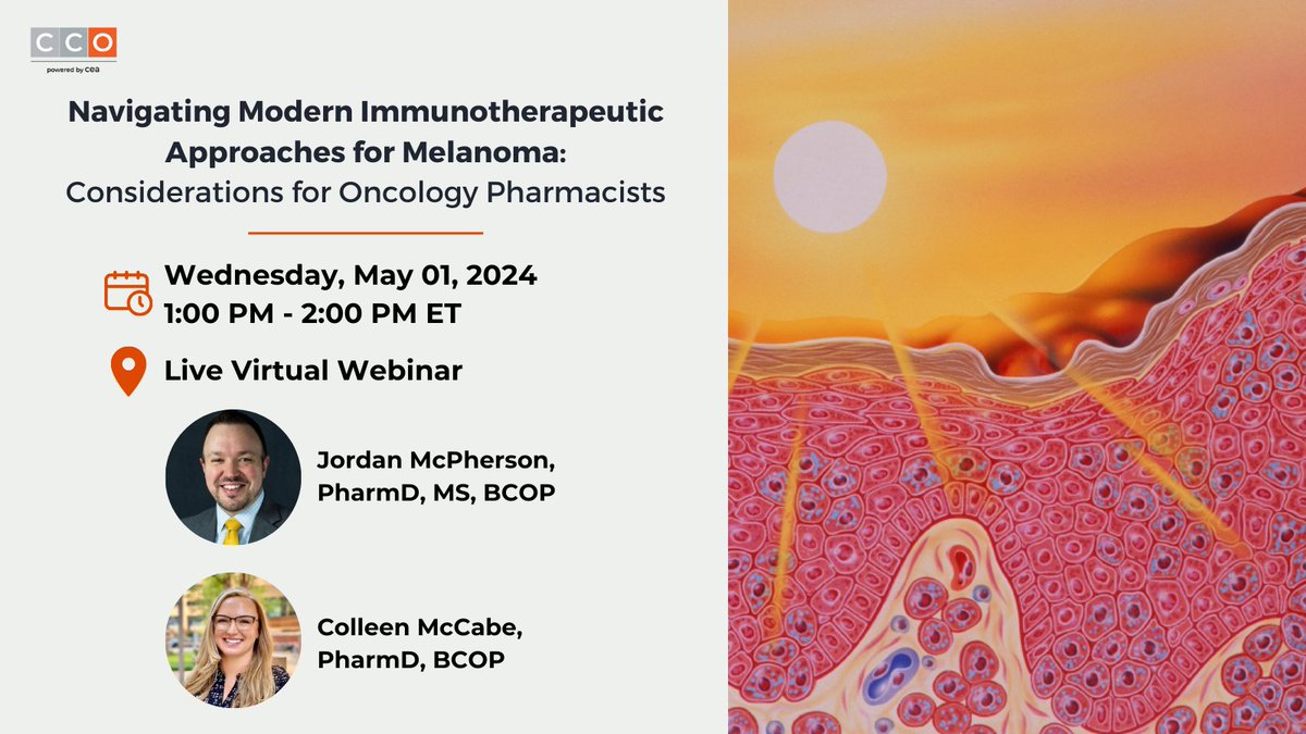 The highly anticipated webinar for #Pharamcists is happening tomorrow, May 1 at 1:00pm ET

Join Jordan McPherson, PharmD, MS, BCOP, and @ColleenPharmD virtually, right here: clinicaloptions.com/events/melanom…

#MelanomaCare #PharmacistCME #ContinuingMedEd