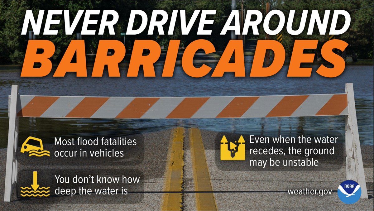 NEVER drive around barricades into floodwaters! Most flood fatalities are vehicle-related. It takes only 12 inches of fast-moving water to carry off a small car and 18 inches of water to sweep a larger vehicle away. Turn Around, Don’t Drown! weather.gov/safety/flood-t…