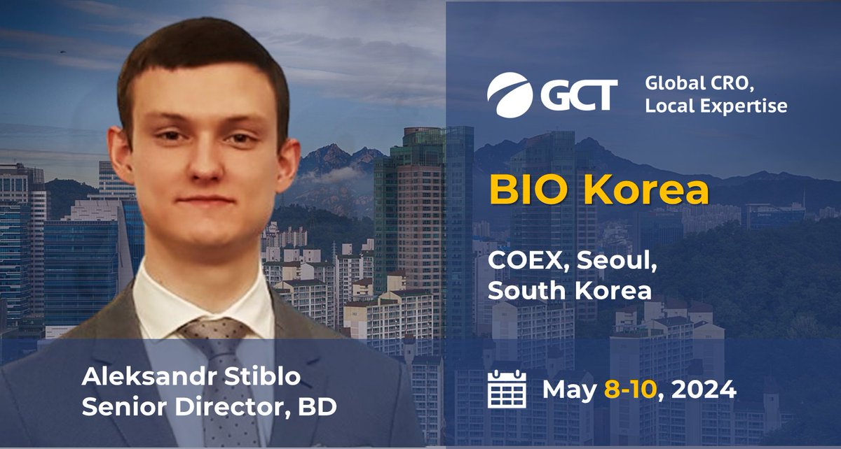 We are pleased to announce that Alex Stiblo, Senior Director Business Development, is participating in the 19th #BIOKOREA, which will be held May 8-10, 2024 at COEX, Seoul. #GCT_MEETING #event #conference #clinicaleven #KoreaEvent