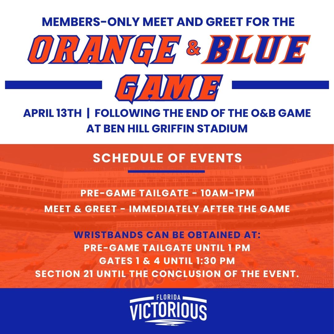 Join us for the meet and greet after the Orange and Blue game! 🐊 All are welcome, but priority access goes to 96 Club and Gator Legend members. To step onto the field, you'll need to be a FV member with a validated membership or have purchased a ticket with a wristband. See you