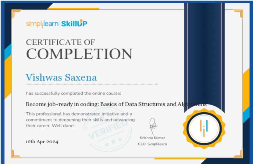 vscodde's tweet photo. I'm super excited to share that I've just completed Become job-ready in coding : Basics of Data Structures and Algorithms.🎓
I had a great experience learning industry aligned skills of.
#Upskilling #Certification #SkillUpBySimplilearn https://t.co/U9k0yplm79