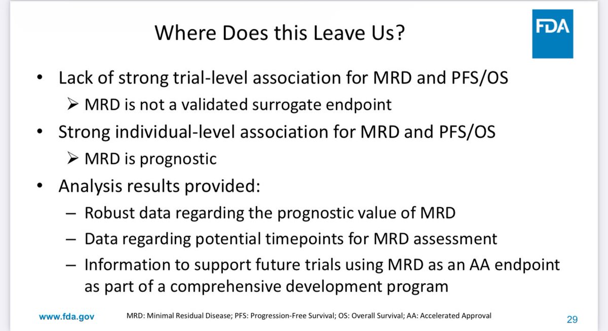 #mmsm @FDAOncology discussion on MRD as a surrogate endpoint for accelerated approvals in myeloma 

On trial level, associations are weak-moderate overall

On individual level, strong association

This means: MRD is prognostic though not ready yet to be a surrogate for approval👇