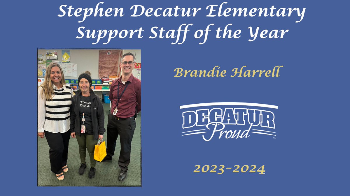 MSDDecaturHR (@msddecaturhr) on Twitter photo Congratulations to Stephen Decatur Elementary Support Staff of the Year Brandie Harrell. Thank you for all that you do! We are #decaturproud of you!
<a href="/SD_Eagles/">Stephen Decatur Elementary</a>
<a href="/Steph_Hofer/">Dr. Stephanie Hofer</a>
<a href="/MSDDecatur/">MSD Decatur</a> Congratulations to Stephen Decatur Elementary Support Staff of the Year Brandie Harrell. Thank you for all that you do! We are #decaturproud of you!
<a href="/SD_Eagles/">Stephen Decatur Elementary</a>
<a href="/Steph_Hofer/">Dr. Stephanie Hofer</a>
<a href="/MSDDecatur/">MSD Decatur</a>