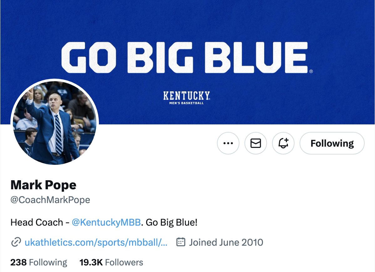MrsTylerKSR's tweet image. That didn't take long. Go follow Mark Pope on Twitter, #BBN (The real one. There's a fake account going around)

@CoachMarkPope