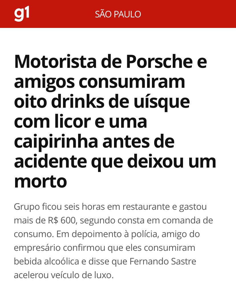 O motorista do Porsche, Fernando Sastre, a namorada dele, e mais um casal de amigos consumiram oito drinks de uísque com licor, além de uma caipirinha, horas antes do acidente que matou um motorista de aplicativo na Zona Leste de São Paulo, no final de março.
