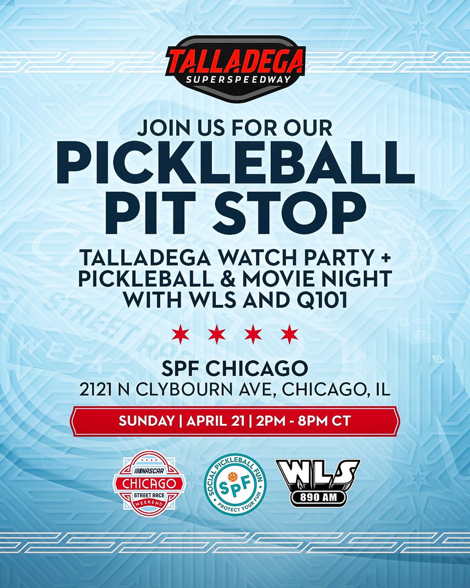 ‼️ Fans, save the date! ‼️ Join us Sunday, April 21st at SPF Chicago with @wlsam890 and @Q101Chicago for an afternoon of racing and social pickleball fun at our Pickleball Pit Stop! We’ll be airing the Talladega race on the big screens, and you’ll have a chance at winning