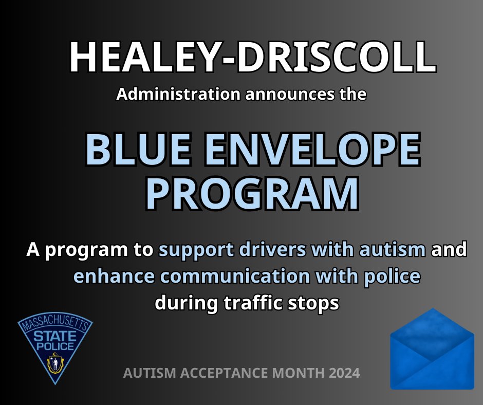 📩This week, the Healey-Driscoll Administration announced the launch of the Blue Envelope Program, which aims to create a safer, more inclusive environment for Neuro-diverse drivers. To learn more about the program + how to access an envelope, visit lnkd.in/dW6AzfWy 💙