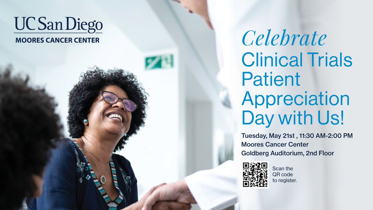 Join us at Moores Cancer Center for Clinical Trials Patient Appreciation Day! Explore clinical trials, hear inspiring survivor stories, & connect with fellow patients and caregivers. Don't miss this FREE event and RSVP: bit.ly/4aQi73o #ClinicalTrials #PatientAppreciation